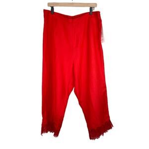 Kaktus red linen blend wide leg lace floral trim cropped pants 1X NEW